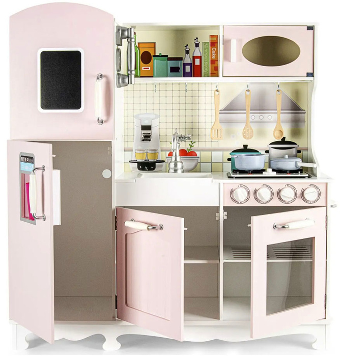 Drewniana kuchnia dla dzieci emitująca dźwięk i światło z akcesoriami kostkarką do lodu
