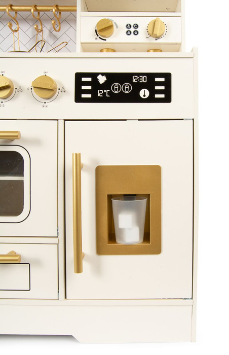 Drewniana kuchnia zabawkowa dla dzieci z bogatym wyposażeniem