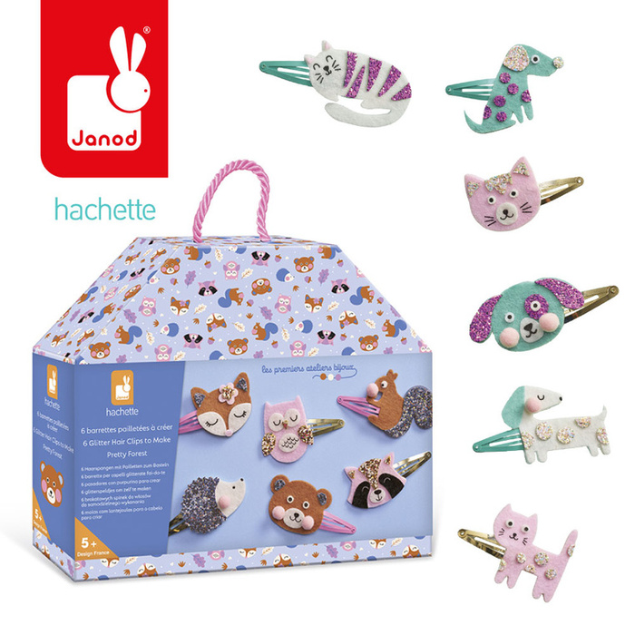 Brokatowe spinki do włosów Leśne zwierzątka Zestaw kreatywny dla dzieci do tworzenia biżuterii Janod