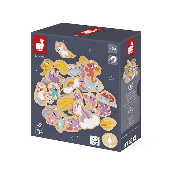 Magnesy drewniane dla dzieci Jednorożce i smoki 24 szt. Janod