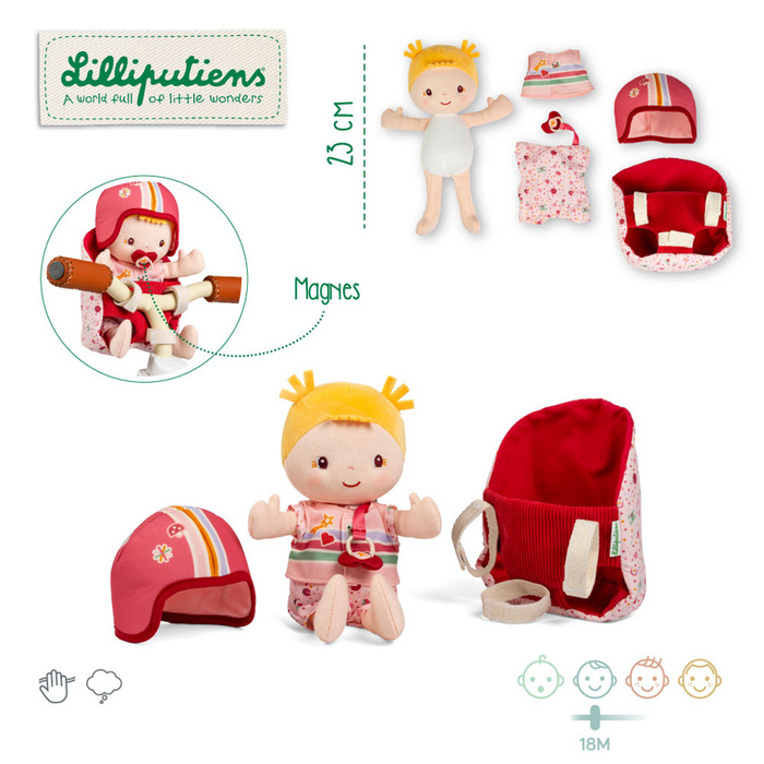 Lalka Lena z akcesoriami w foteliku rowerowym Lilliputiens