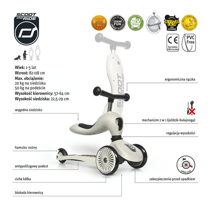 SCOOTANDRIDE Highwaykick1 2w1 Jeździk i hulajnoga 1-5 lat Ash