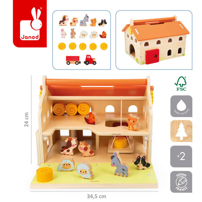 Drewniana farma z otwieranym dachem i figurkami Janod