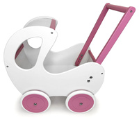 Wózek dla lalek, drewniany wózek. Biało-różowa budka