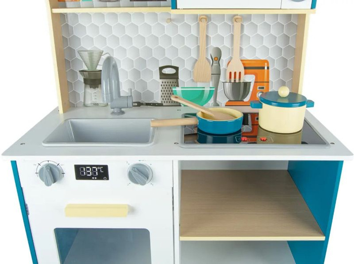 Niebieska interaktywna drewniana kuchnia dla dzieci z akcesoriami