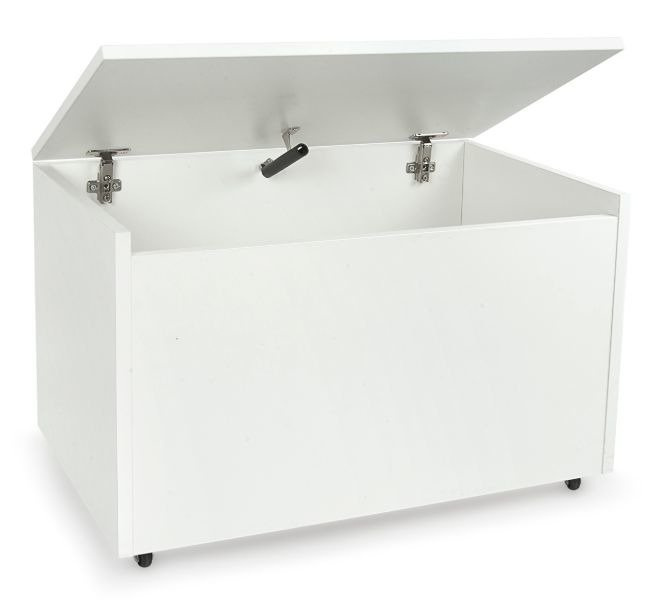 Biała drewniana skrzynia na zabawki i ławka XXL z kołami