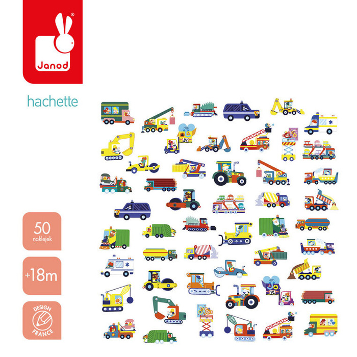 Duże naklejki wielorazowe dla dzieci 50 sztuk Pojazdy Janod