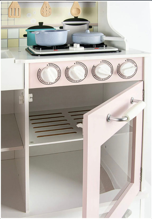 Drewniana kuchnia dla dzieci emitująca dźwięk i światło z akcesoriami kostkarką do lodu