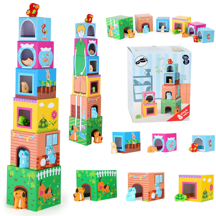 Kolorowa wieża z pudełek z figurkami Zwierzęta Small Foot
