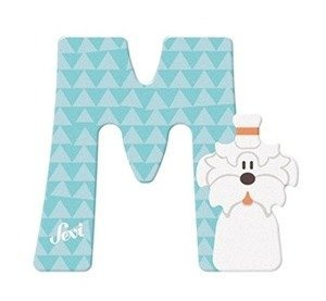 Drewniana literka dla dzieci M z maltańczykiem Sevi