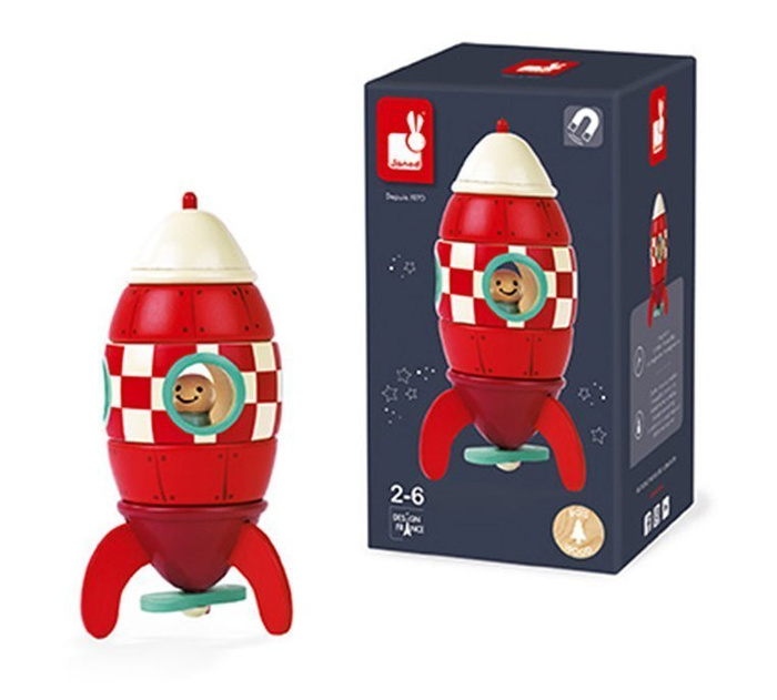 Magnetyczna, drewniana rakieta z małym astronautą, Janod