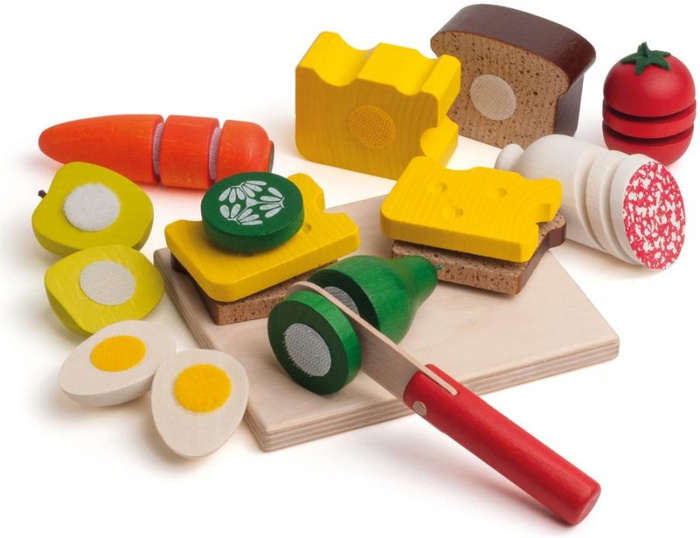 Drewniany Zestaw akcesoriów spożywczych na rzep do krojenia i zabawy 27 elementów Erzi