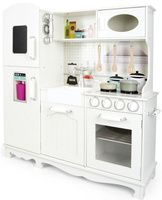 Kuchnia dla dziecka z lodówką, drewniana. Biały aneks