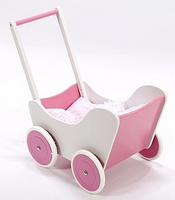 Wózek dla lalek, drewniany wózek. Różowo-biała krateczka