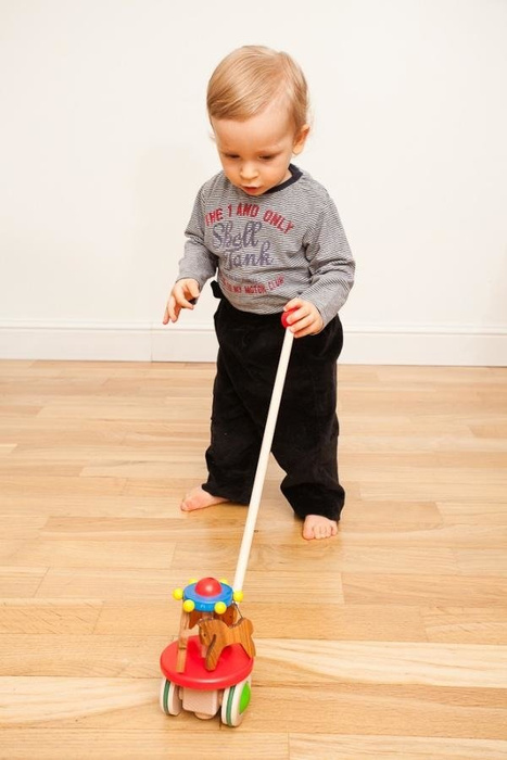 Drewniana zabawka do pchania na kijku, pchacz Karuzela, BAJO