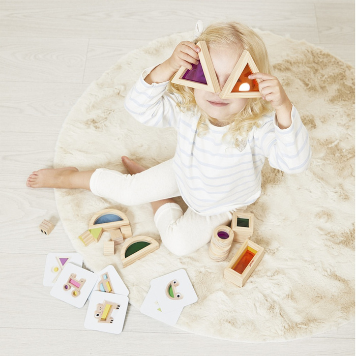 Sensoryczne klocki drewniane dla dzieci przeźroczyste kolorowe Janod