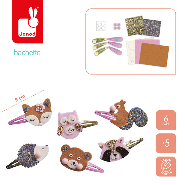 Brokatowe spinki do włosów Leśne zwierzątka Zestaw kreatywny dla dzieci do tworzenia biżuterii Janod