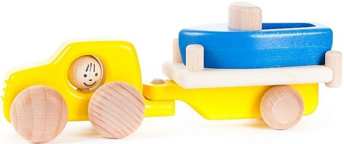 Drewniany samochód z przyczepą i łódką, Bajo