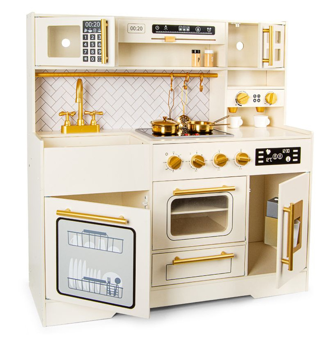 Drewniana kuchnia zabawkowa dla dzieci z bogatym wyposażeniem