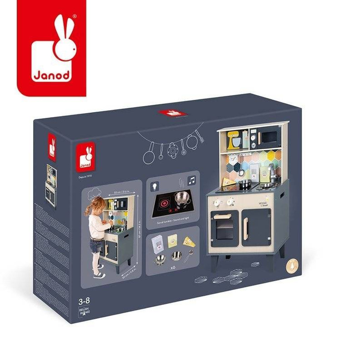 Duża drewniana kuchnia z dźwiękiem, światłem LED i 6 akcesoriami Mozaika 3-8 lat Janod