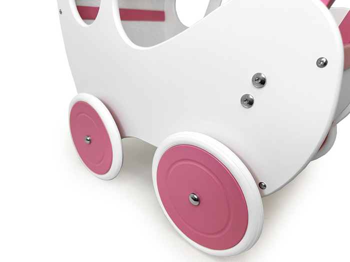 Wózek dla lalek, drewniany wózek. Biało-różowa budka