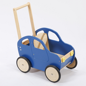 Drewniany wózek dla lalek i nie tylko. Niebieskie auto, chodzik dla dzieci