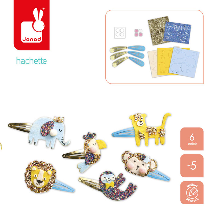 Brokatowe spinki do włosów Egzotyczne zwierzęta Zestaw kreatywny dla dzieci do tworzenia biżuterii Janod