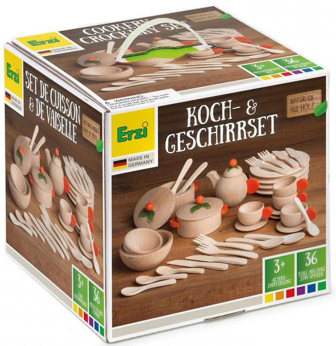 Drewniany Zestaw akcesoriów do gotowania i spożywania posiłków dla dzieci Erzi