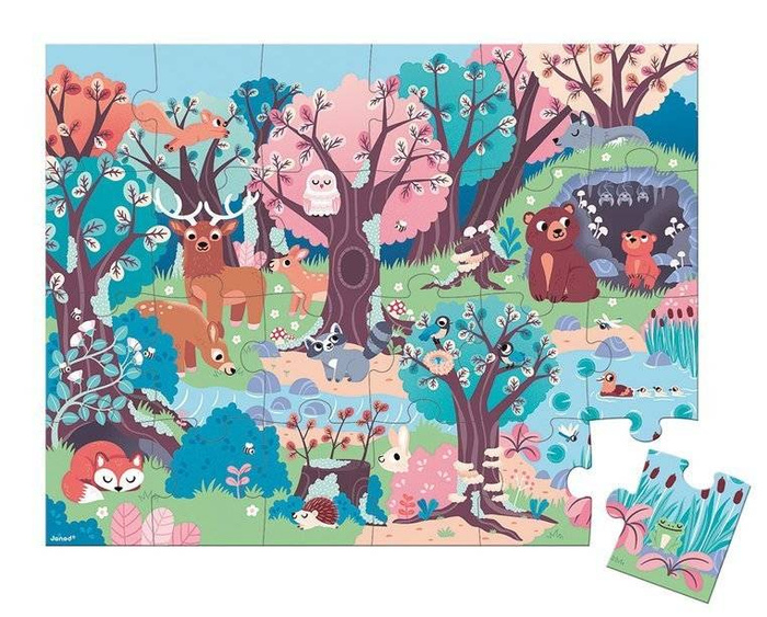 Świecące puzzle z mini-lampką UV Las 24 elementy 3+ Janod